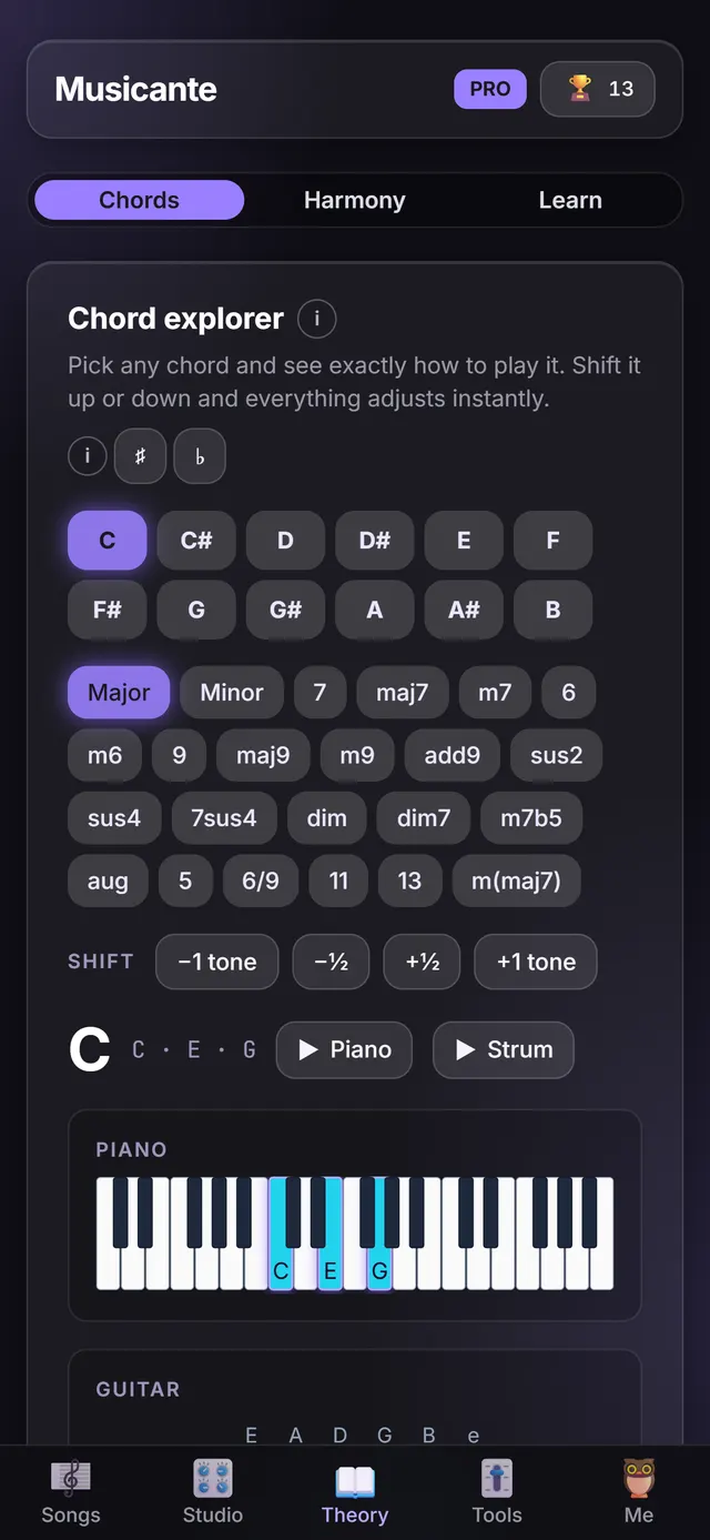 The Chord explorer: a C major chord drawn on the piano and on the guitar with finger numbers.