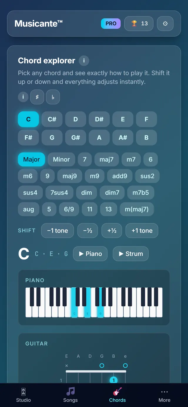 The Chord explorer: a C major chord drawn on the piano and on the guitar with finger numbers.