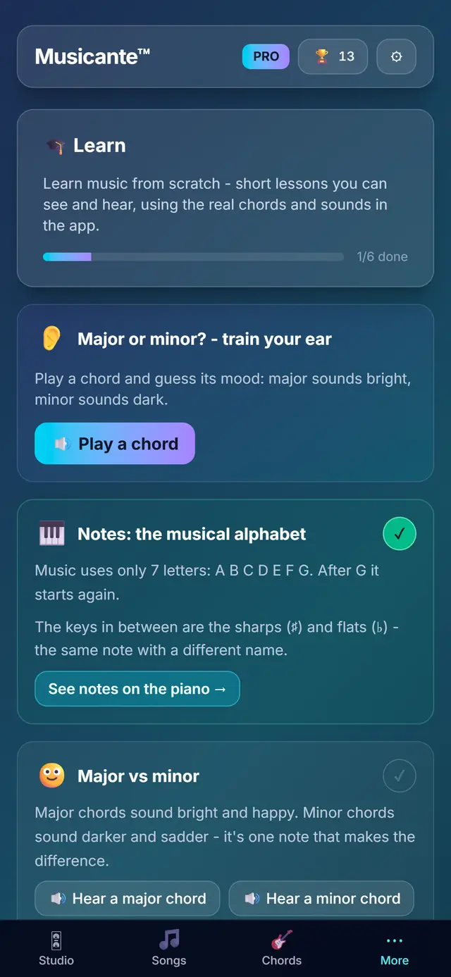 The Learn screen: a short lesson hosted by Ottavio the owl.