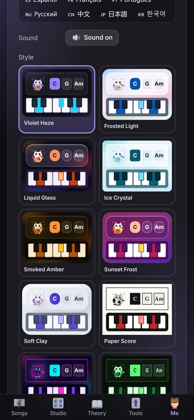 The Style picker in Settings: ten small previews, from Violet Haze to Terminal Mono, each showing Ottavio, chord chips and a piano.
