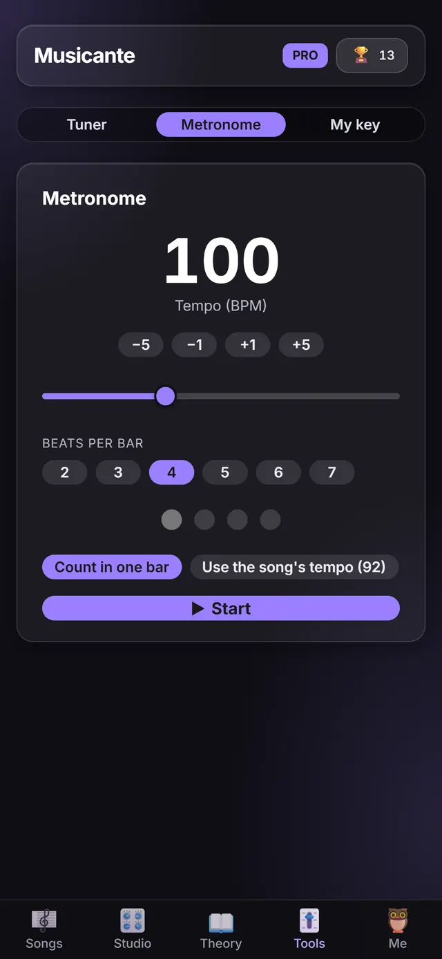 The Metronome screen: a large tempo number, beat lights and a Start button.