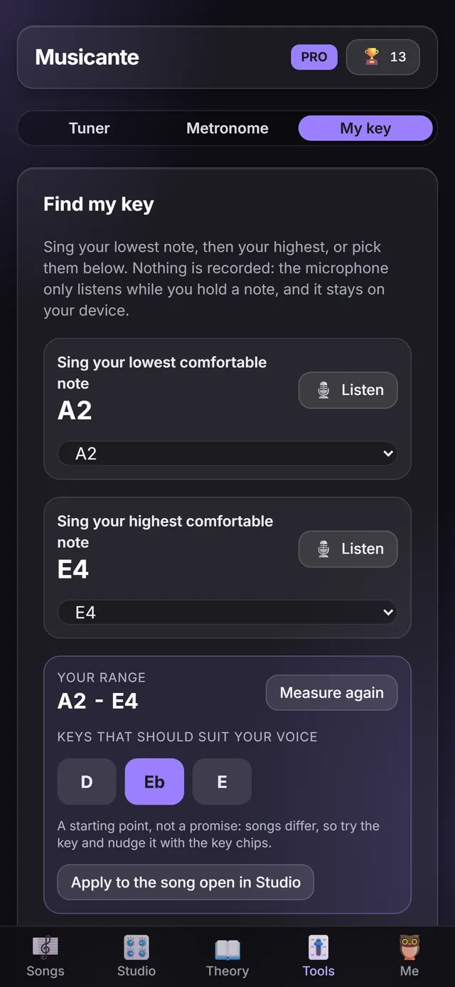 The Find my key screen: a voice range from A2 to E4 and the suggested keys.