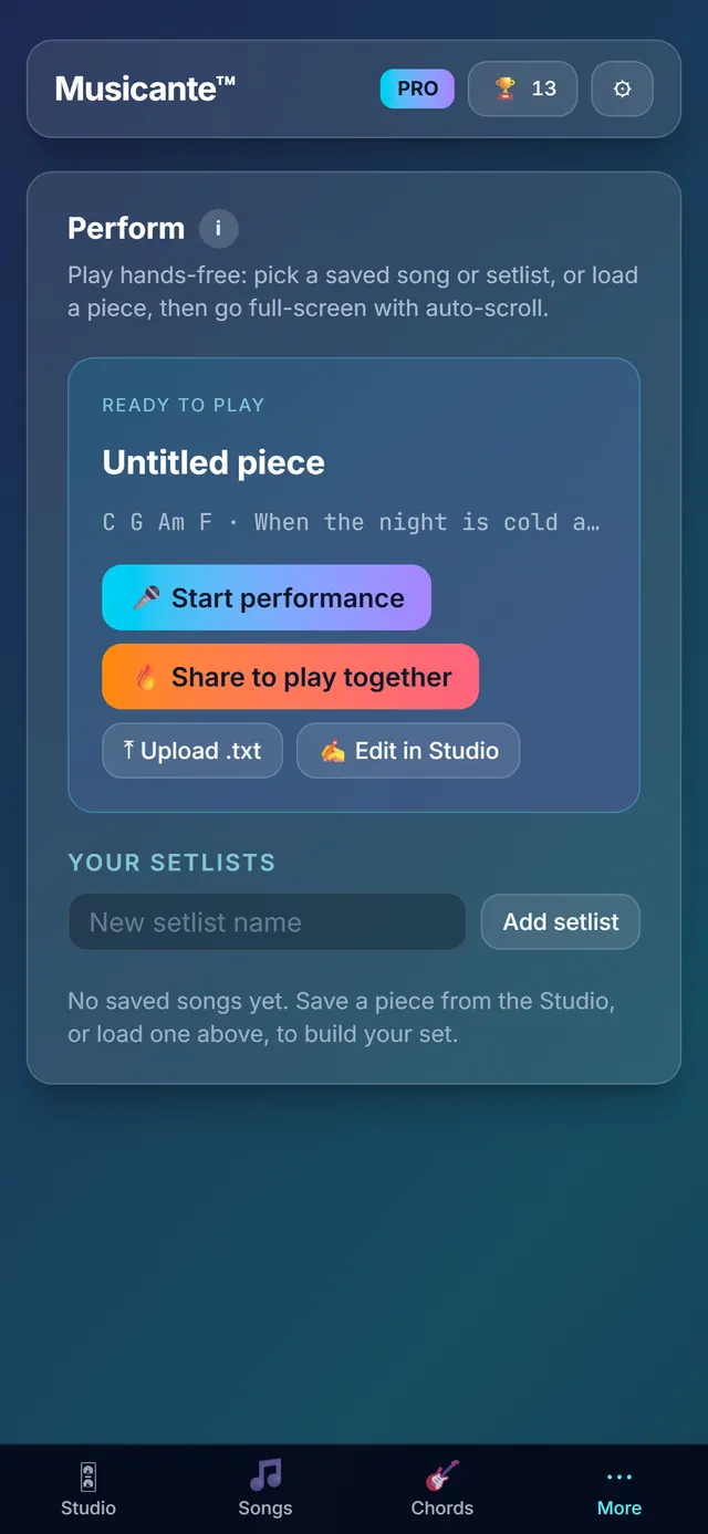 The Perform screen: a large, auto-scrolling chord chart for the stage.
