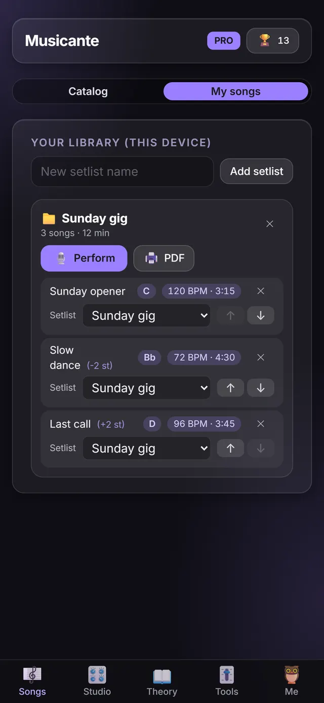 A setlist called Sunday gig: three songs with their keys, tempos and lengths, and buttons to move each one up or down.