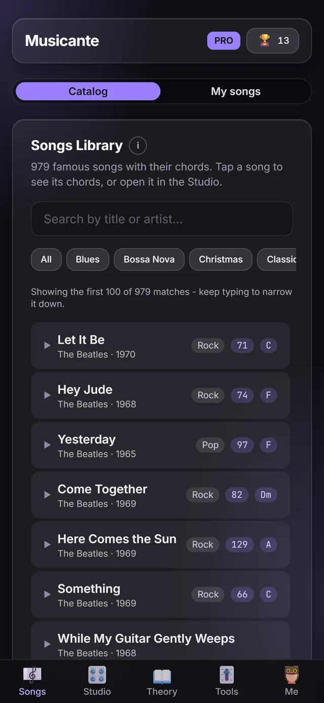 The Songs Library screen: searching "let it be" with a genre filter, showing one real match with its key and tempo.