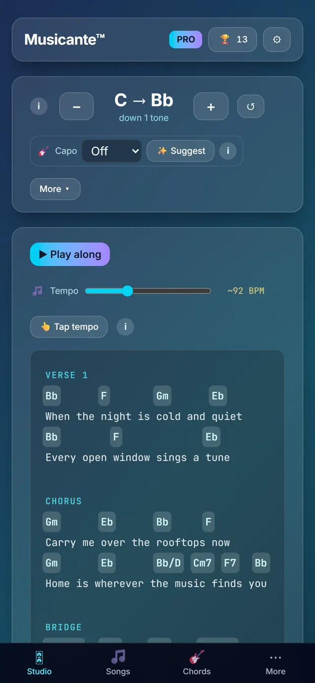 The Studio screen's Write Your Own Song panel: upload, import ChordPro or .txt, add a section, add a chord, with the sample chart the app opens with.