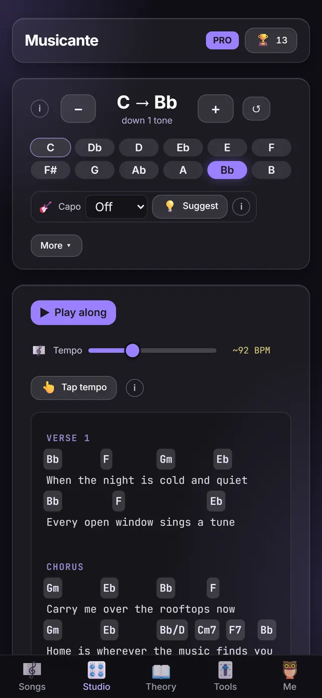 The Studio screen's Write Your Own Song panel: upload, import ChordPro or .txt, add a section, add a chord, with the sample chart the app opens with.