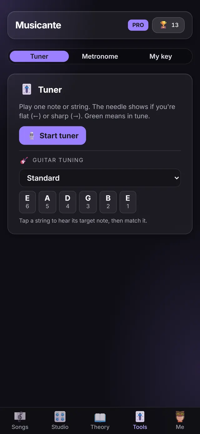 The Tuner screen: a chromatic tuner needle and the six standard guitar strings.