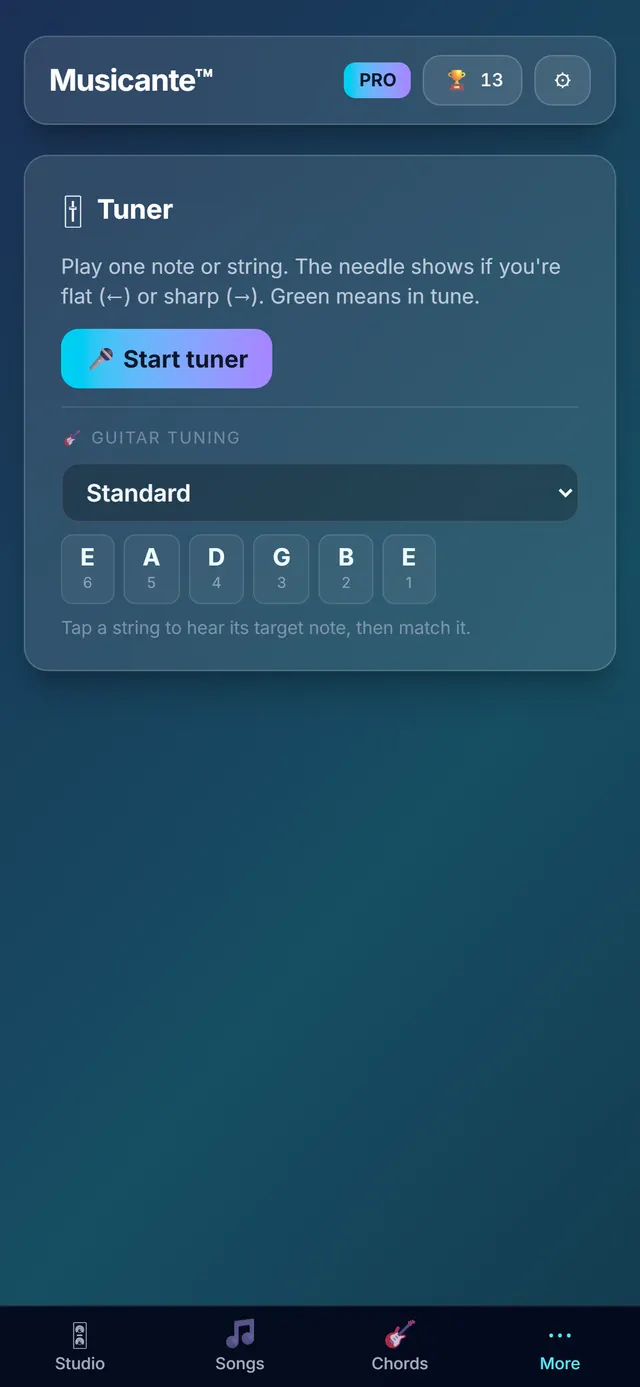 The Tuner screen: a chromatic tuner needle and the six standard guitar strings.